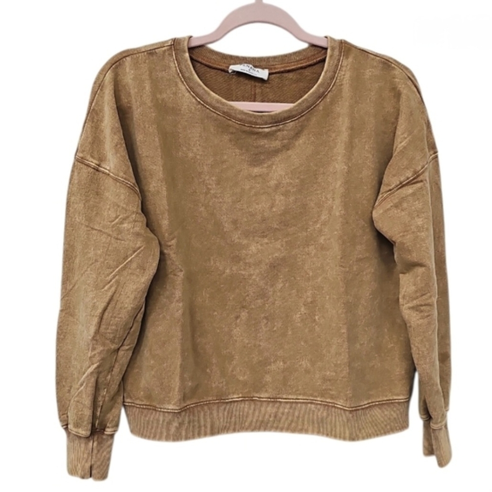 Zenana Outfitters Washed Brown Crewneck Sweatshirt